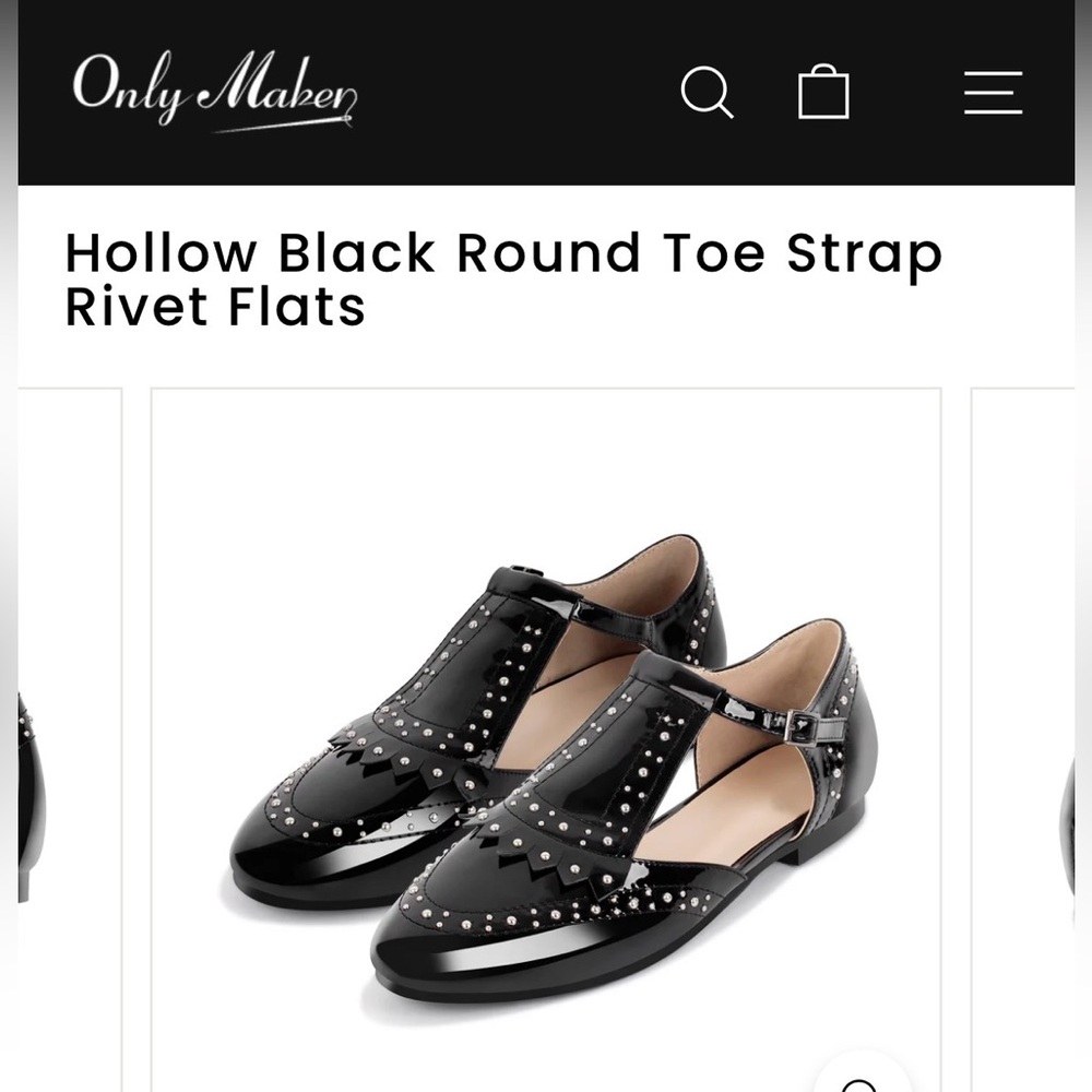 Onlymaker Hollow Black Patent Round Toe T-Strap Rivet Flats - New, Never Worn